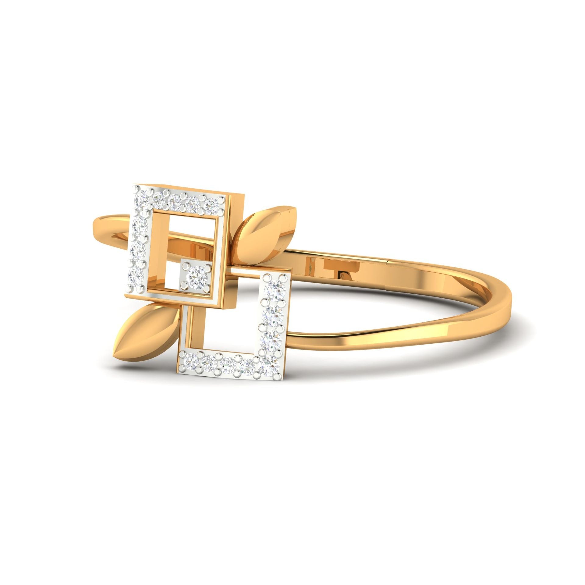 Adjustable Sterling Silver Modern Yellow Gold Geometric Diamond Ring with Gold Leaf Accents For Women