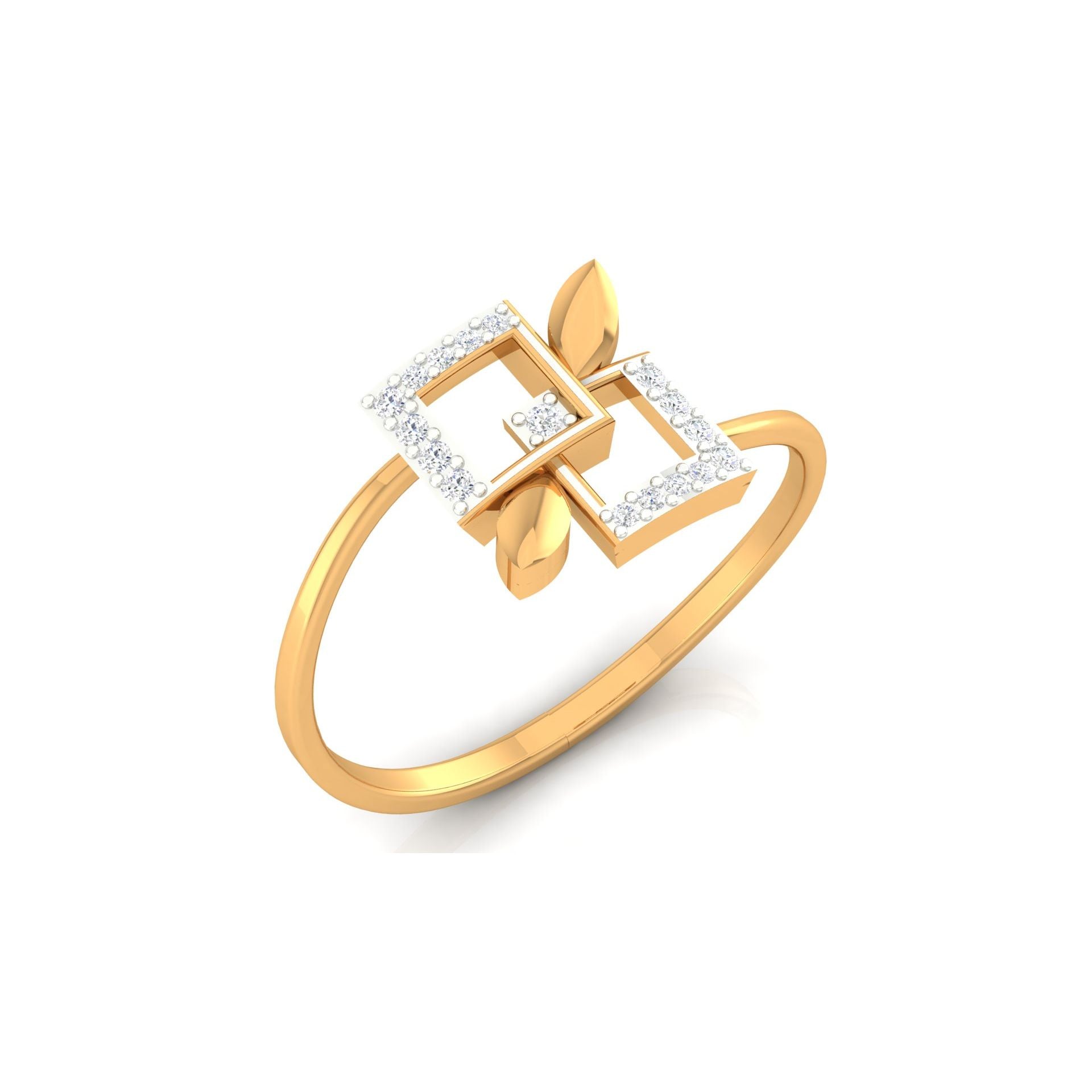 Adjustable Sterling Silver Modern Yellow Gold Geometric Diamond Ring with Gold Leaf Accents For Women